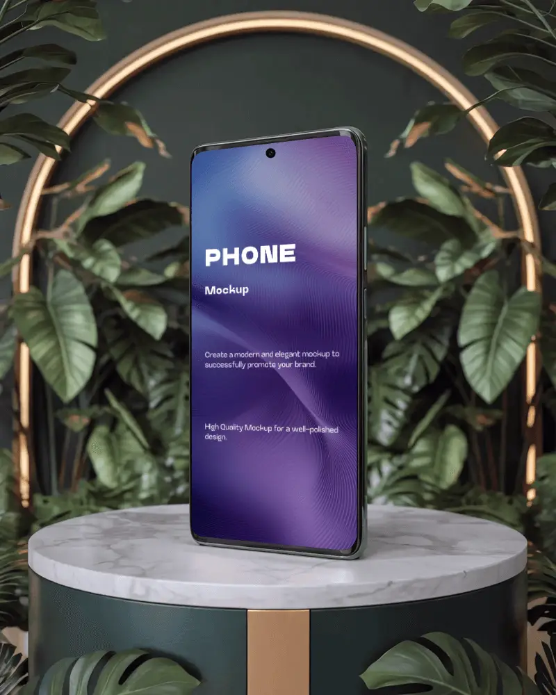 Premium Phone Mockup On Marble Pedestal With Greenery Background For App Showcase