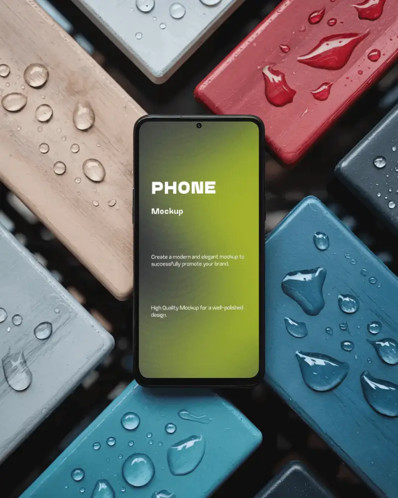 Modern Phone Mockup With Water Droplets On Wooden Surface Showcasing Clear Screen Display