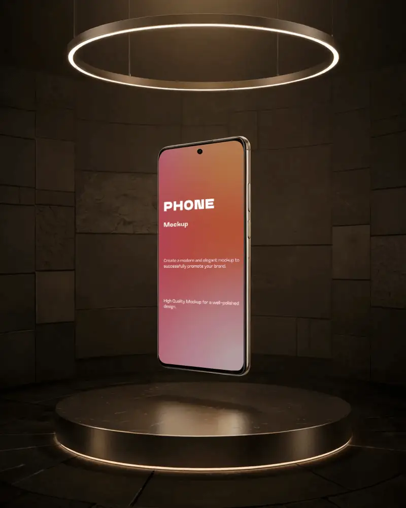 Sleek Modern Phone Mockup Floating On Illuminated Platform Ideal For App Showcase
