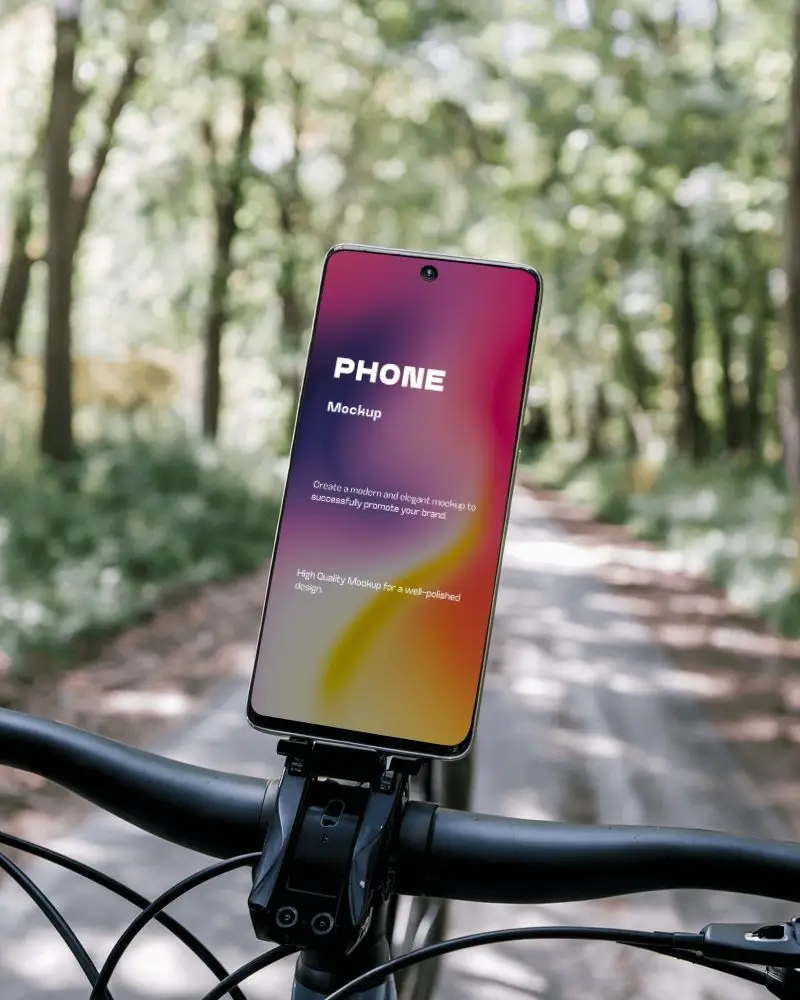 Bicycle Smartphone Mockup Mounted On Handlebars Outdoor Natural Forest Background