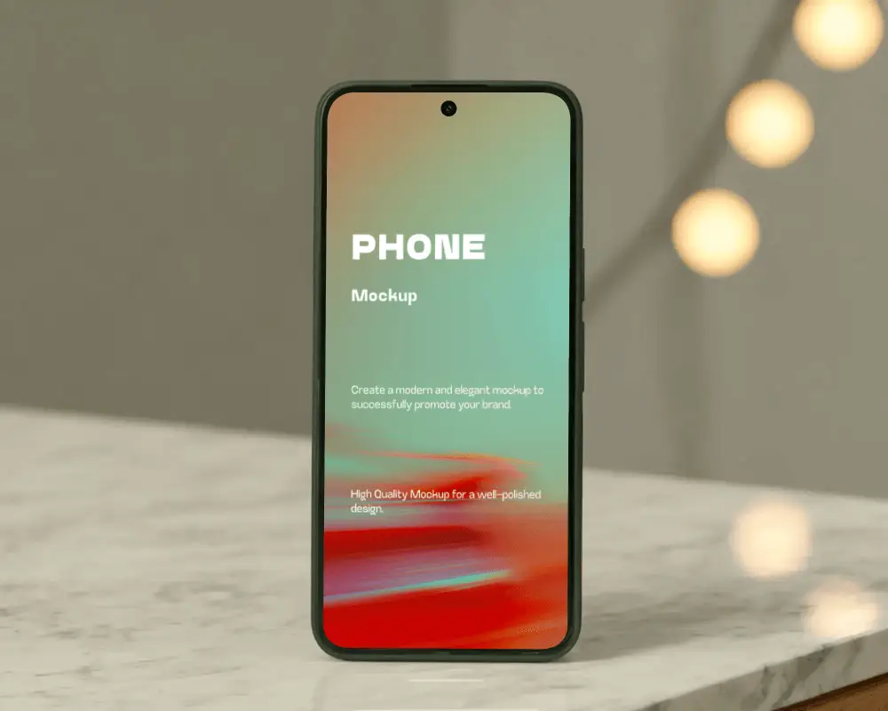 vertical-mobile-device-mockup-on-marble-surface-with-blurred-bokeh-lights-background