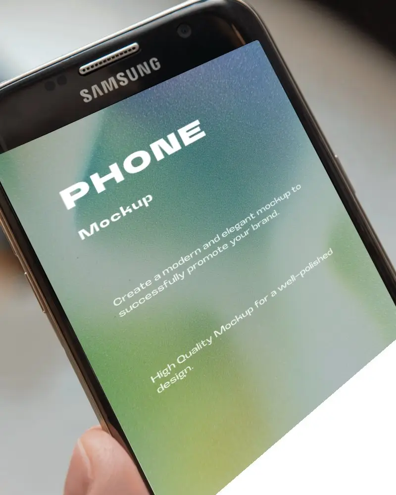 Angled Smartphone Mockup Hand Holding Device White Background Clear Design Display