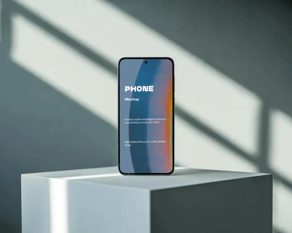 sleek-modern-phone-mockup-standing-on-rectangular-pedestal-with-abstract-light-shadow-background