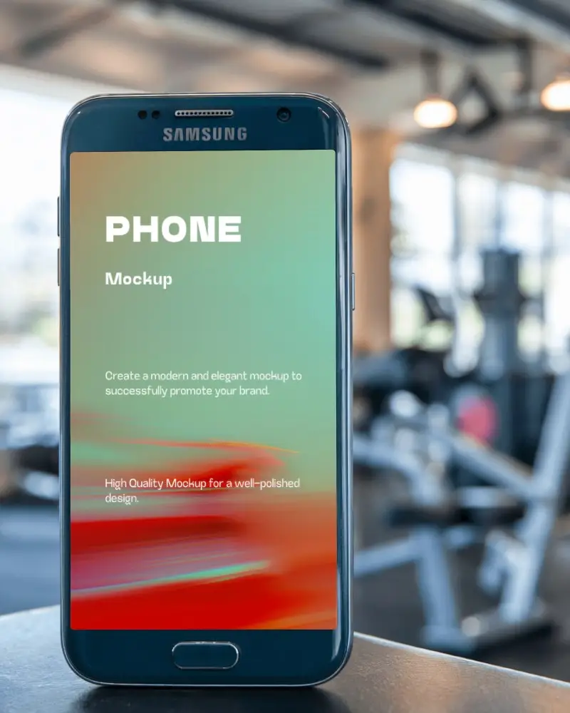 Modern Smartphone Mockup On Gym Counter Industrial Background Bright Daylight Ambience