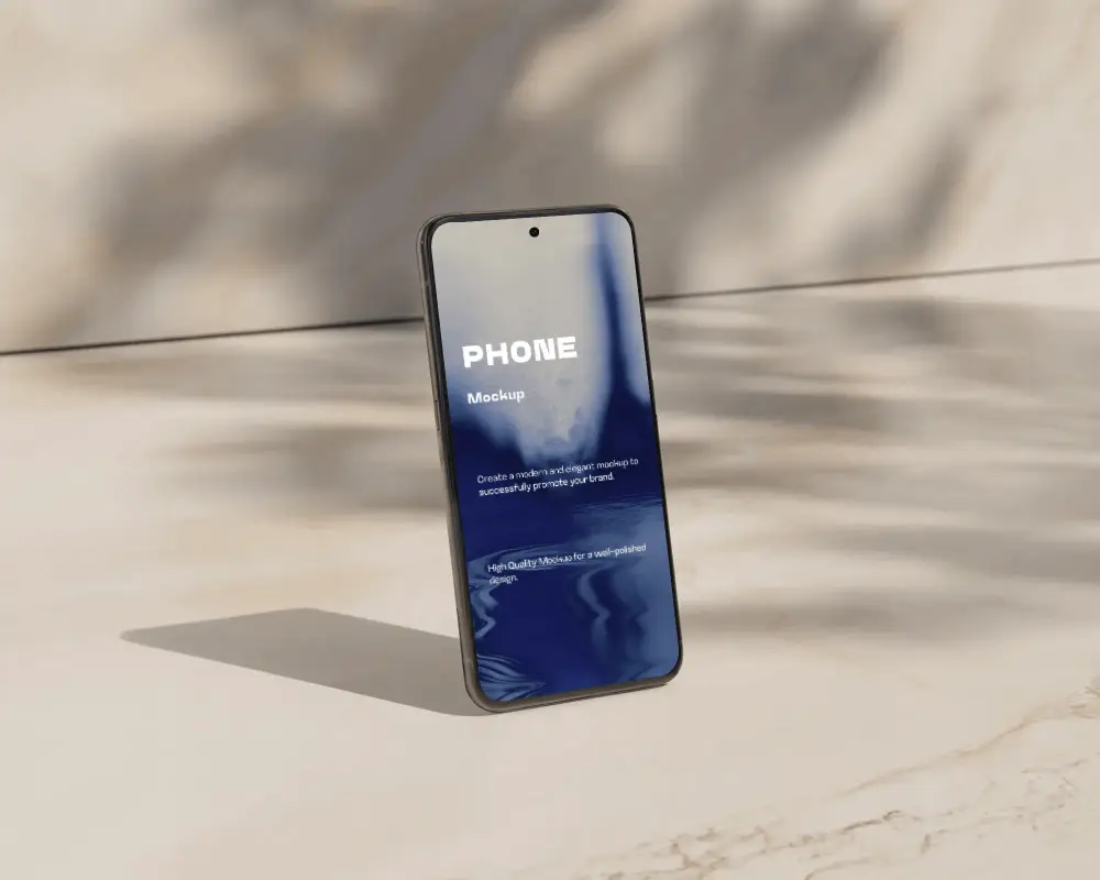 Front Facing Phone Mockup On Stone Surface In Sunlit Setting