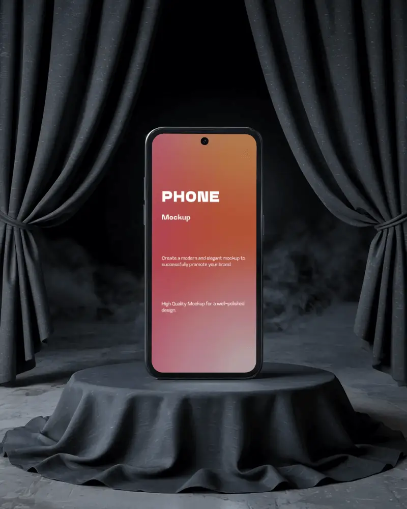 modern-phone-mockup-display-stand-dramatic-curtain-background-smoke-effect-presenting