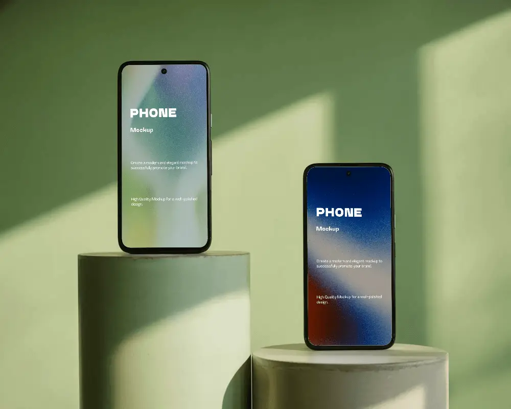 modern-smartphone-mockups-on-cylindrical-pedestals-with-bright-natural-light-background