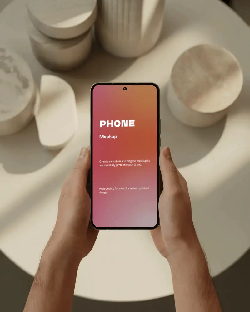 top-view-phone-mockup-with-natural-hands-and-abstract-objects-on-smooth-beige-background