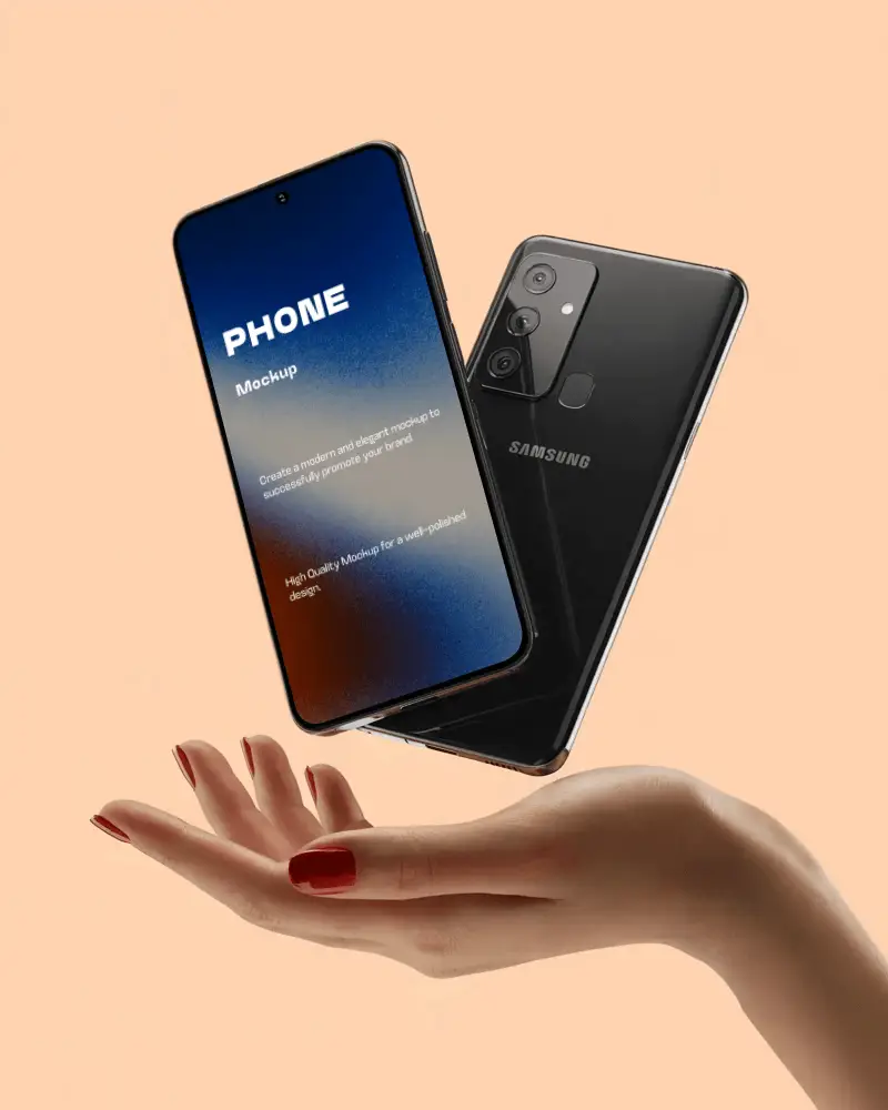 Levitating Samsung Phone Mockup Over Female Hand With Clean Light And Modern Showcase Style