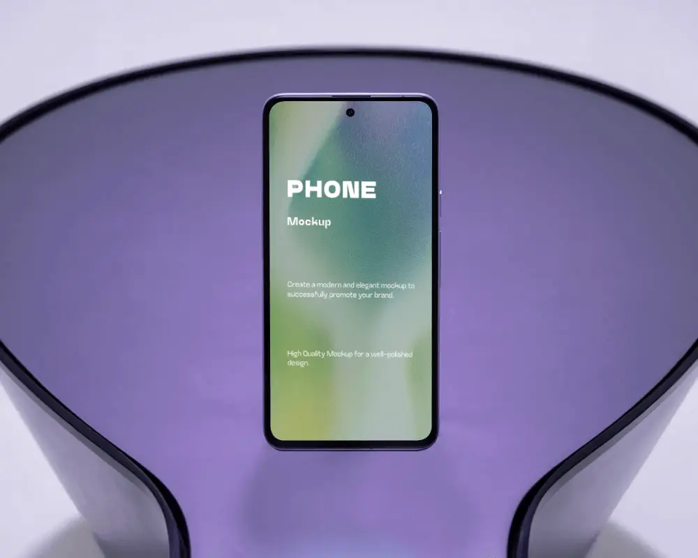 Premium Phone Mockup On Stylish Translucent Table With Luxury Purple Tone And Soft Gradient