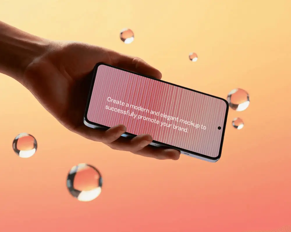 Hand Holding Modern Phone Mockup Against Gradient Background With Floating Transparent Bubbles