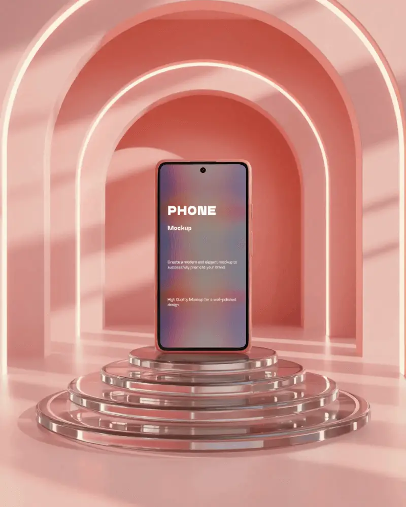 Sleek Modern Phone On Glass Pedestal With Arched Architectural Background For Tech Promos