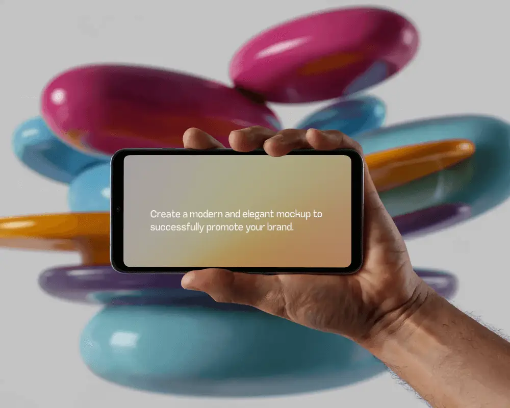 horizontal-phone-mockup-in-hand-with-vibrant-3d-sculpture-background-and-glossy-shapes