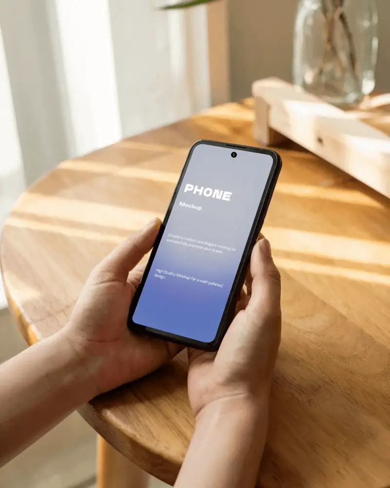 realistic-android-phone-mockup-closeup-view-hands-holding-minimalistic-theme-wooden-surface
