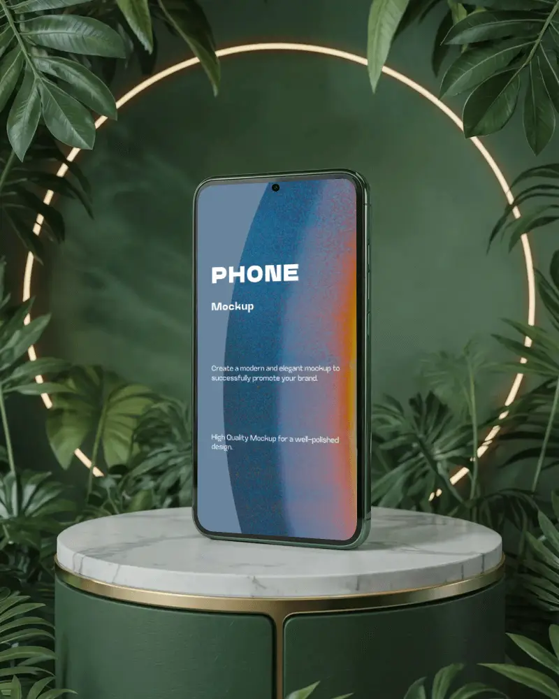 tropical-phone-mockup-on-marble-podium-with-lush-green-leaves-and-glowing-ring-background