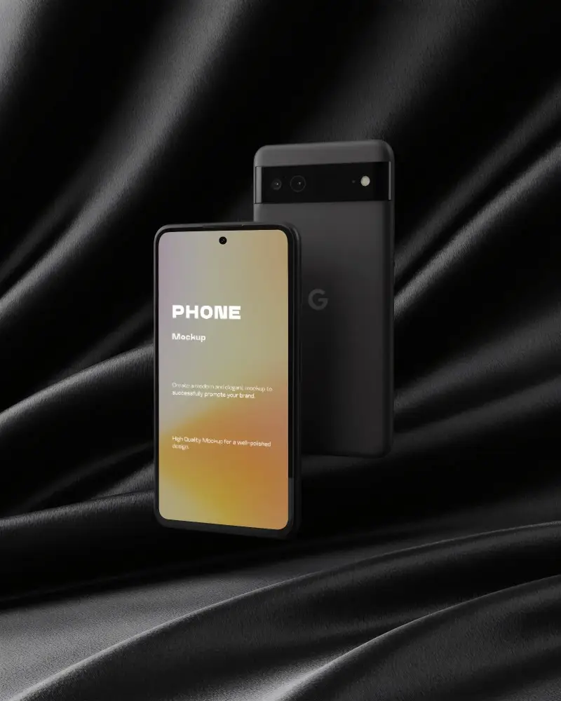 sleek-black-google-pixel-android-phone-mockup-front-and-back-view-on-luxury-satin-background