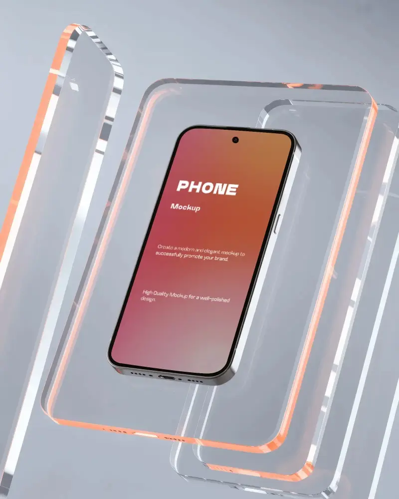 futuristic-google-pixel-phone-mockup-floating-in-acrylic-frame-with-soft-orange-glow
