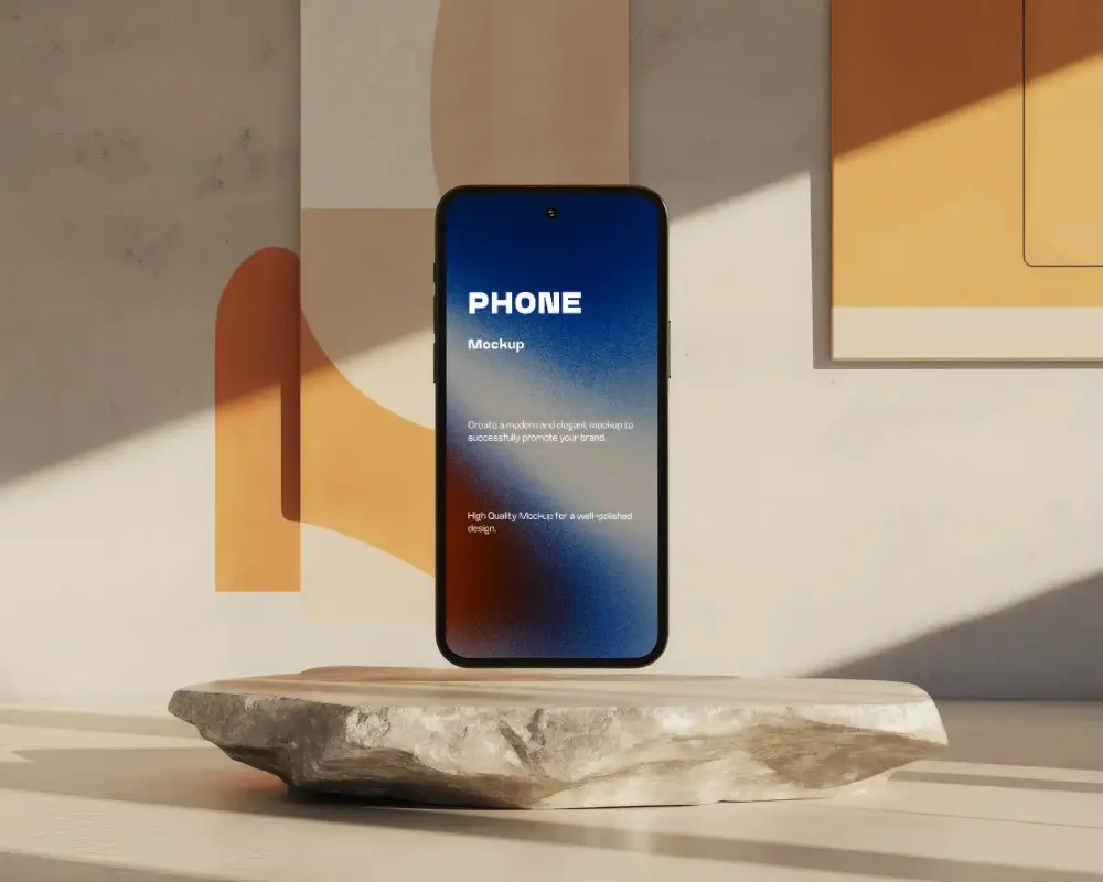 Samsung S 25 Smartphone Mockup Floating On Stone Pedestal In Sunlit Modern Interior