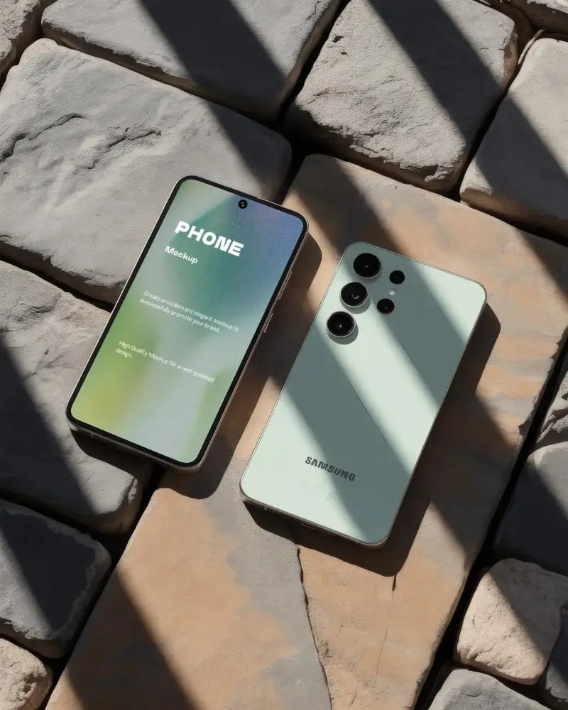 Samsung 25 Ultra Phone Mockup Front And Back View On Stone Surface In Natural Sunlight