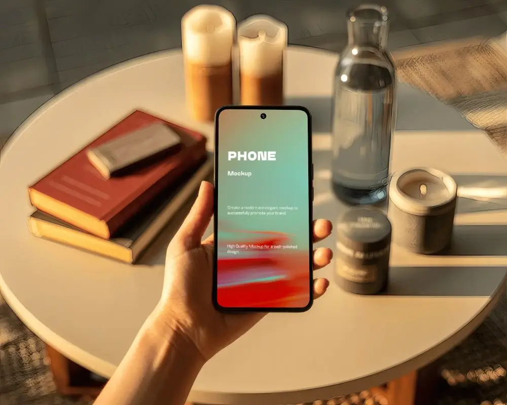 Google Pixel Phone Mockup Hand Holding Smartphone In Cozy Setting With Books And Candles