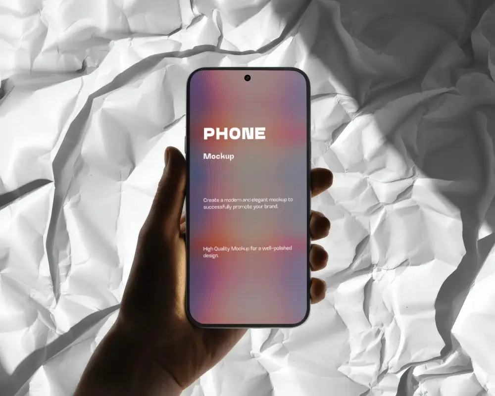 Nothing Phone 2a Phone Mockup Hand Holding Smartphone On Crumpled White Paper Background