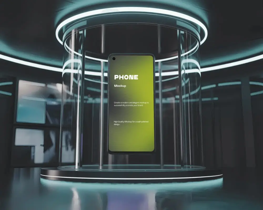 Futuristic Oneplus Phone Mockup Smartphone Floating In Sci Fi Glass Chamber With Neon Lights