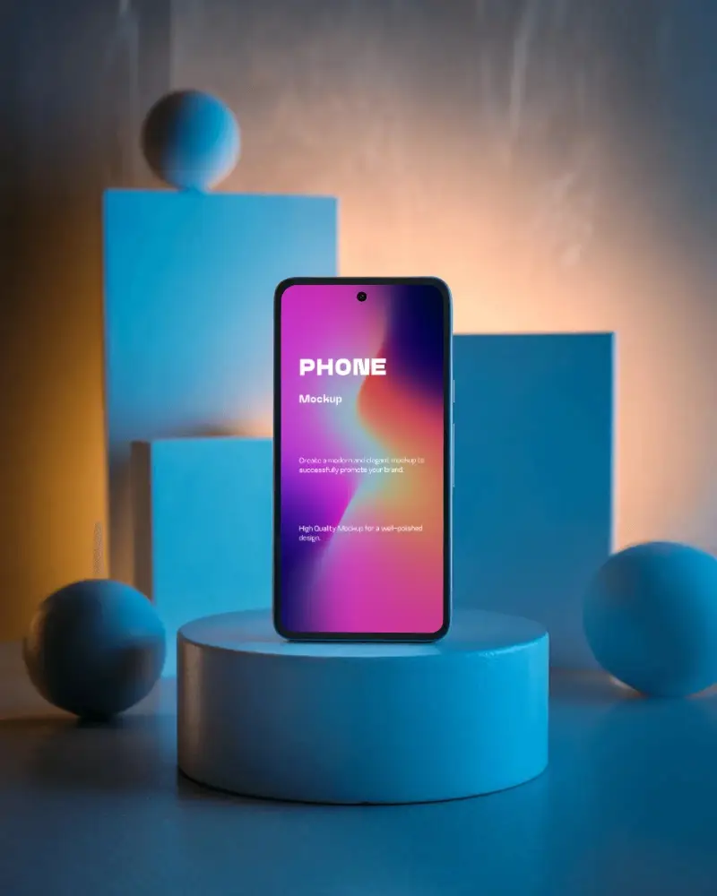 google-pixel-phone-mockup-premium-smartphone-on-geometric-podium-with-colorful-lighting