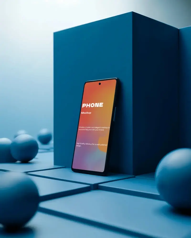 oneplus-phone-mockup-modern-smartphone-leaning-on-blue-cube-with-geometric-sphere-decor