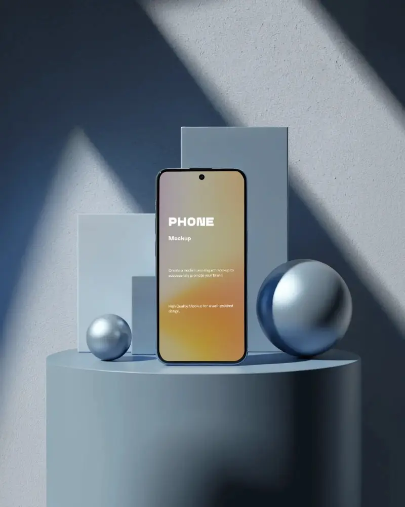 google-pixel-phone-mockup-premium-smartphone-on-round-podium-with-silver-spheres-and-blocks