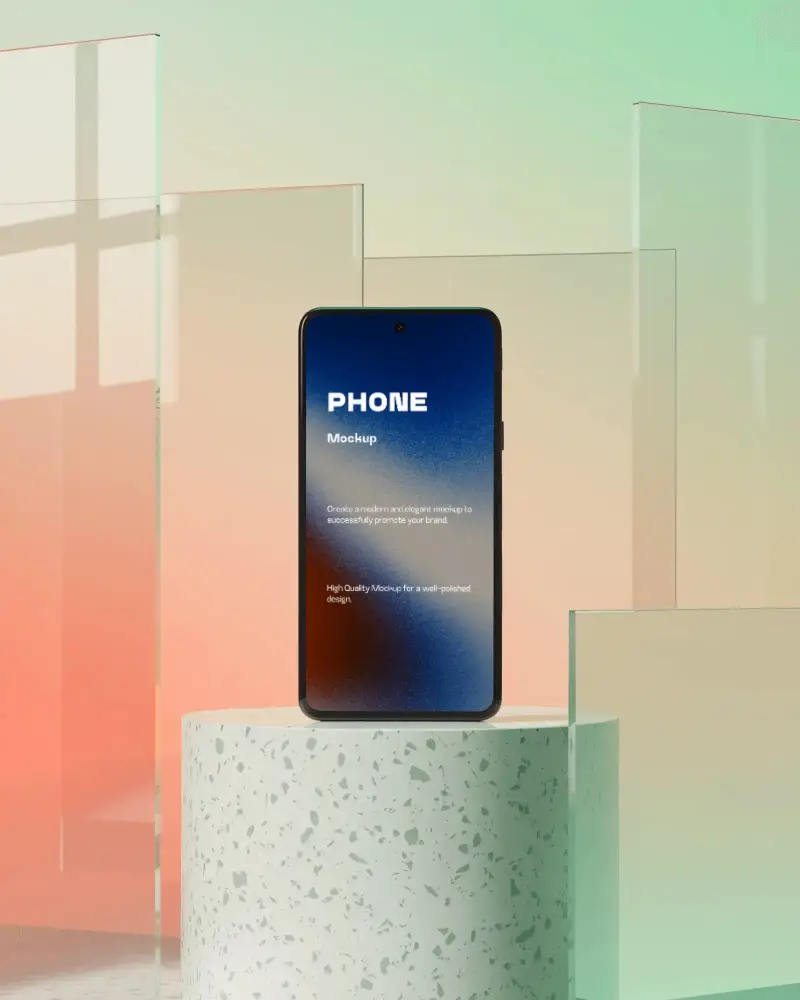 google-pixel-phone-mockup-premium-smartphone-on-stone-podium-with-glass-panels-and-soft-light