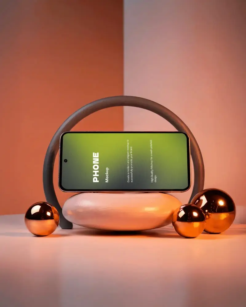 samsung-phone-mockup-premium-smartphone-horizontal-on-stone-stand-with-metallic-sphere-decor