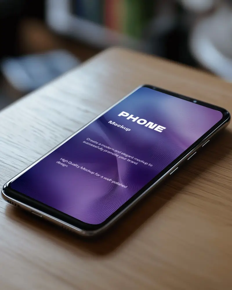 Minimalist Wooden Desk Smartphone Mockup Near Library Background
