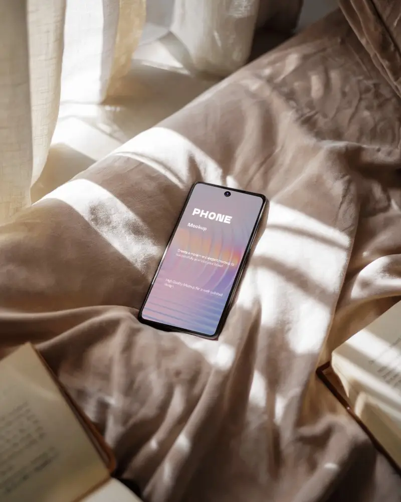 Sunlit Bedroom Smartphone Mockup Cozy Lighting On Satin Sheet