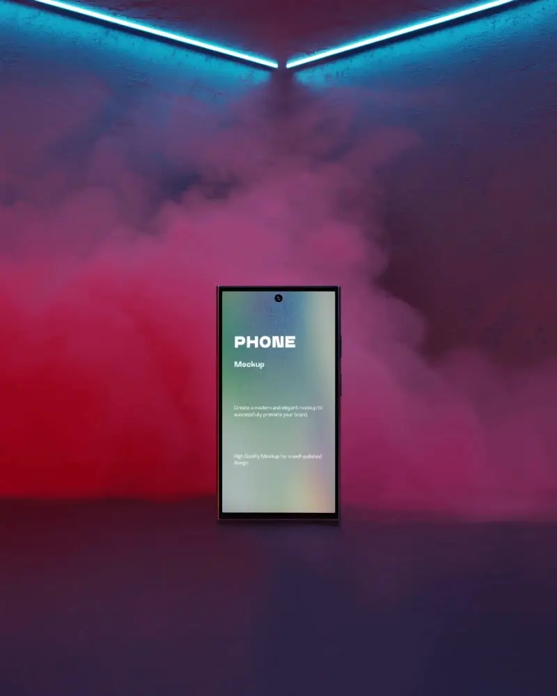 realistic-samsung-s25-ultra-android-phone-mockup-front-view-in-neon-lit-room-with-colorful-smoke