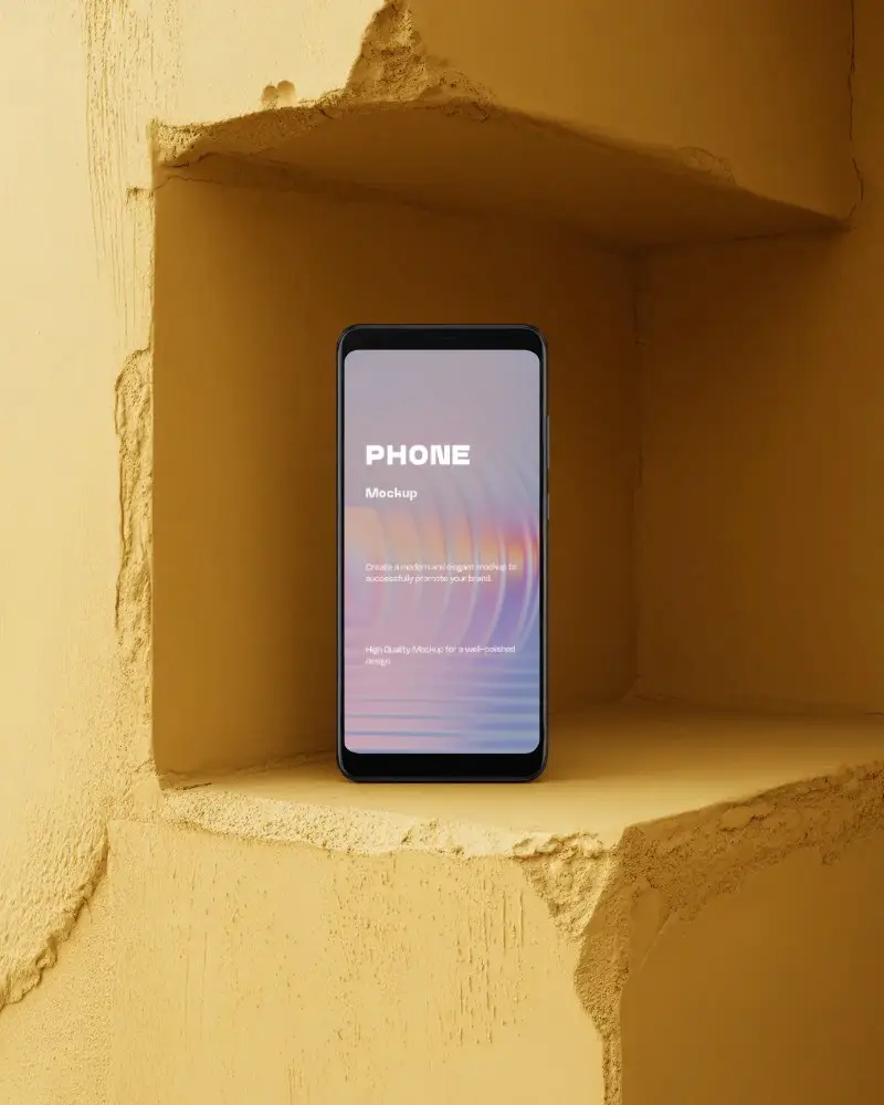 realistic-huawei-android-phone-mockup-front-view-device-on-textured-yellow-stone-shelf-backdrop