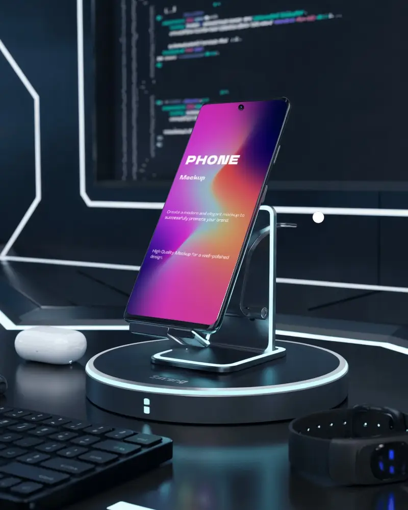 Developer Desk Smartphone Mockup On Charging Stand With Coding Setup And Dark Theme