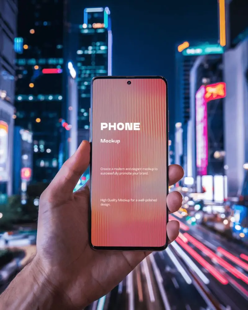 Urban Night City Handheld Smartphone Mockup Bright Lights And Motion
