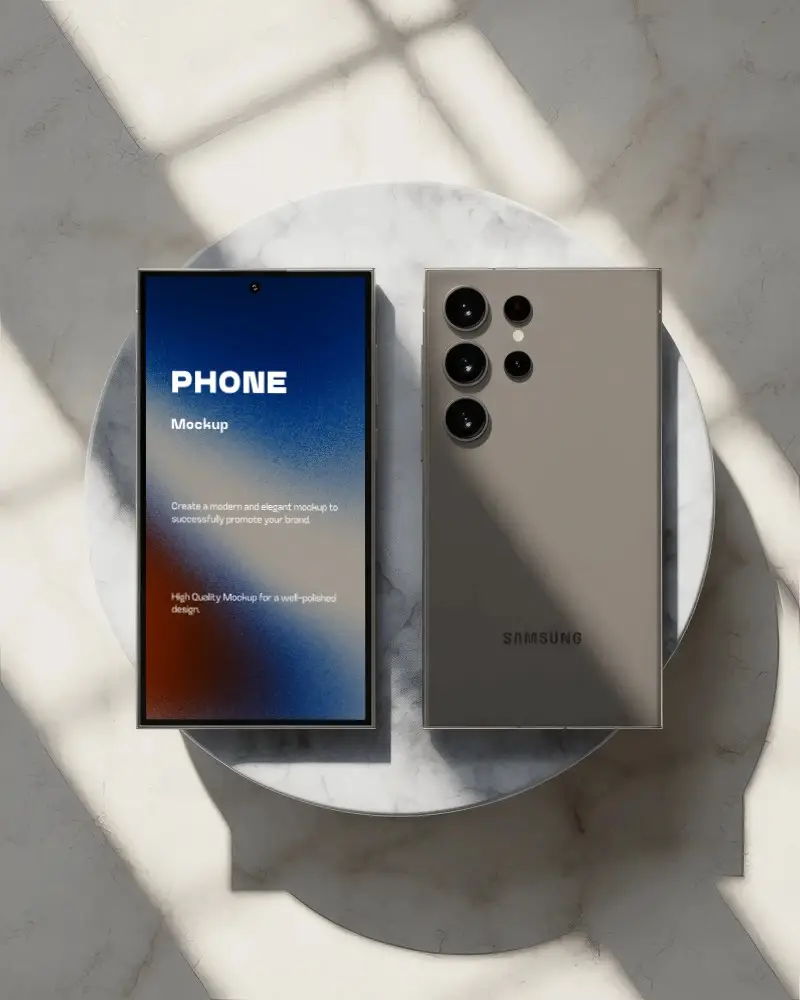 samsung-galaxy-s25-ultra-mockup-front-and-back-view-on-round-marble-surface-with-sunlight