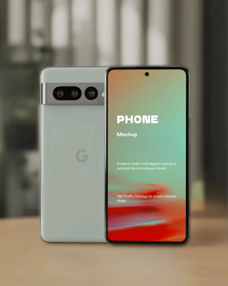 google-pixel-phone-mockup-front-and-back-view-on-wooden-surface-in-bright-studio-setting