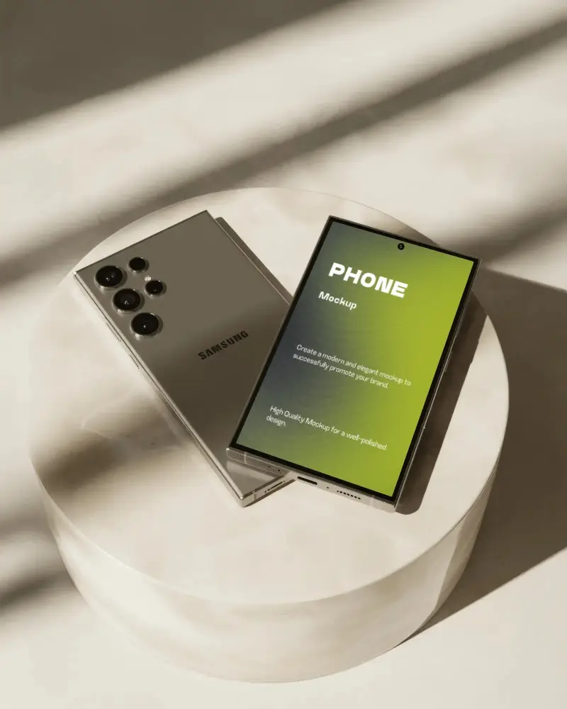 Elegant Samsung S25 Ultra Phone Mockup Front Display And Rear Camera On Stone Surface Shot