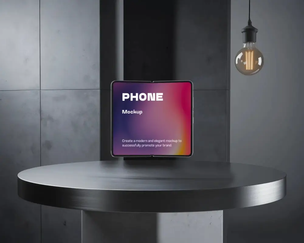 samsung-galaxy-fold-phone-mockup-front-display-on-round-metal-table-in-industrial-studio