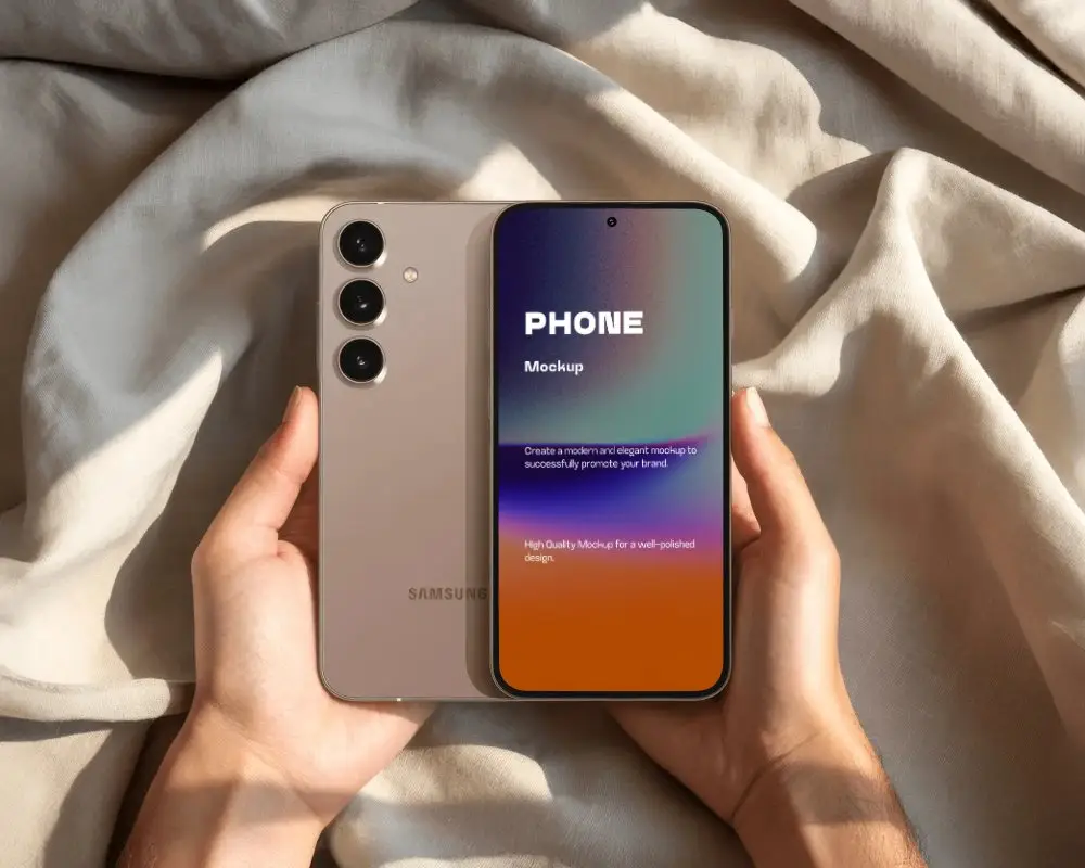 samsung-phone-mockup-front-and-back-view-held-in-hands-on-soft-fabric-with-sunlit-shadows