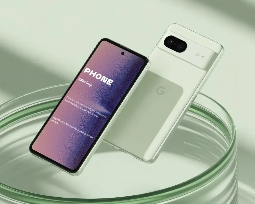 google-pixel-phone-mockup-front-and-back-view-floating-on-glass-surface-in-soft-green-light
