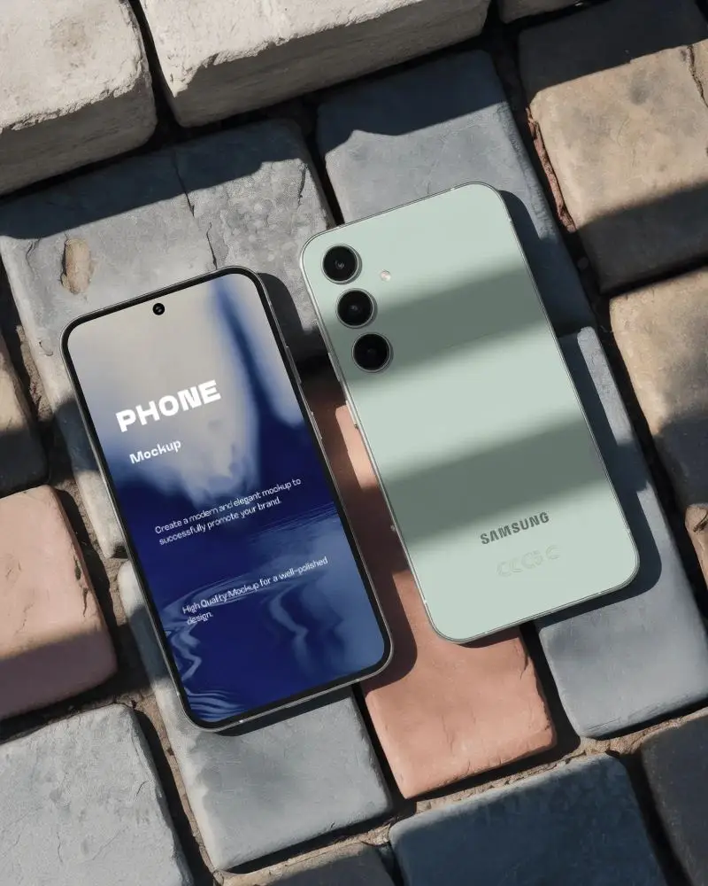 elegant-samsung-smartphone-mockup-dual-view-resting-on-colored-brick-surface-outdoor-light