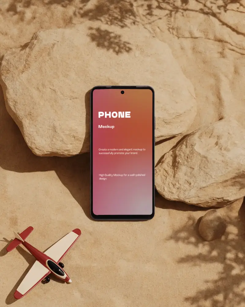 Vivo Realistic Smartphone Mockup In Natural Sandy Rock Environment With Vintage Toy Plane