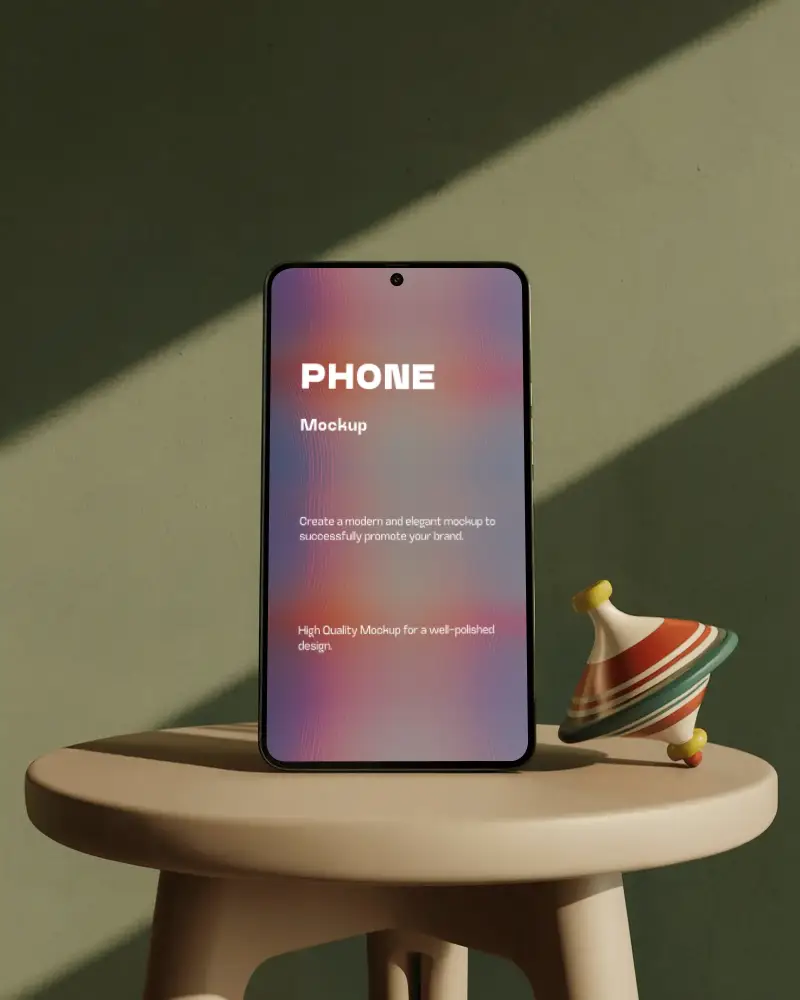 Oneplus Modern Phone Mockup With Spin Top Toy On Simple Minimalist Table Shadowed Background