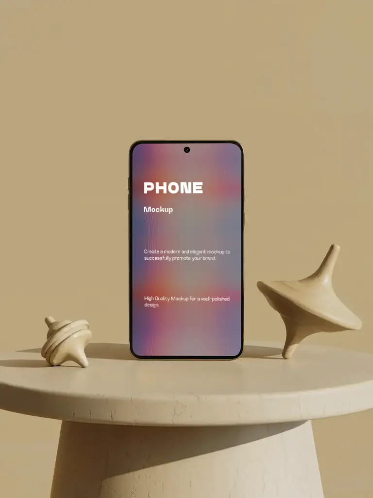 Huawei Modern Phone Mockup With Rotating Wooden Tops On Minimalist Round Table Background