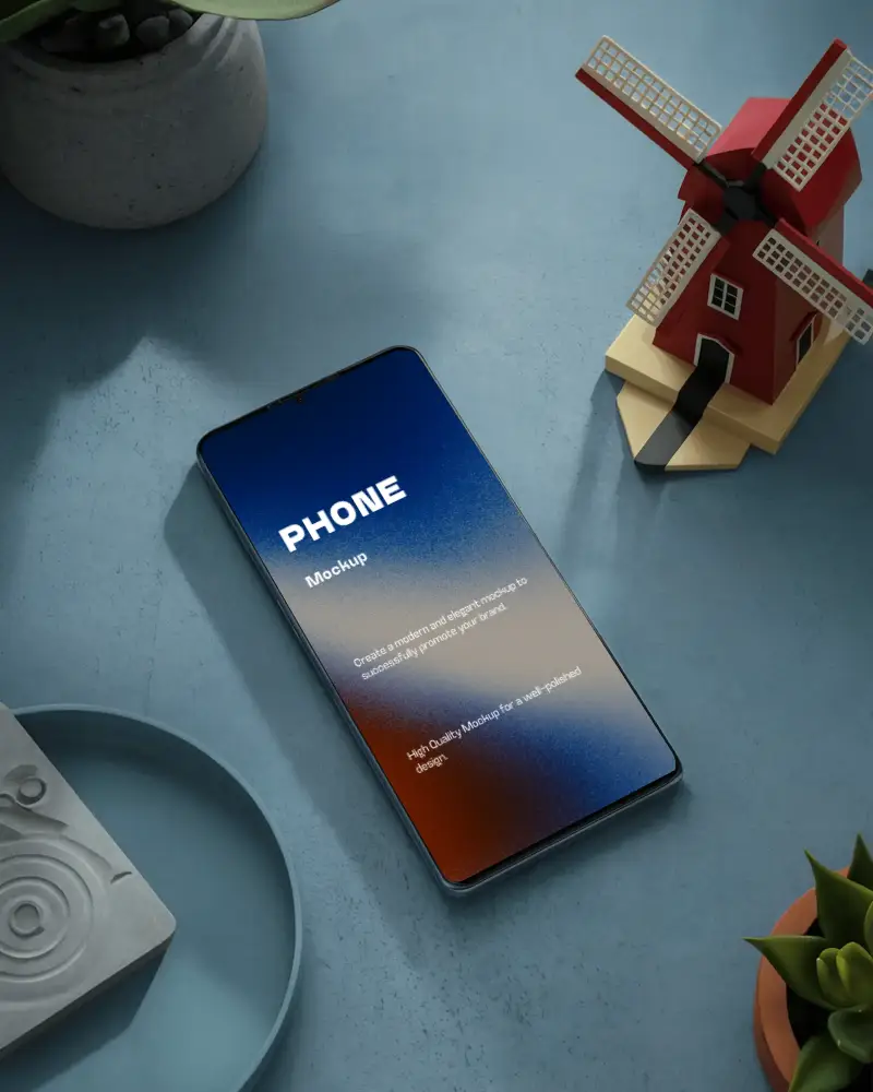 Huawei Modern Phone Mockup On Minimalist Tabletop With Decorative Elements For App Showcase
