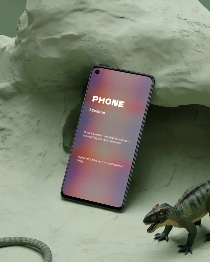 Nothing Sleek Modern Phone Mockup Leaning Against Textured Surface With Dinosaur Figurine