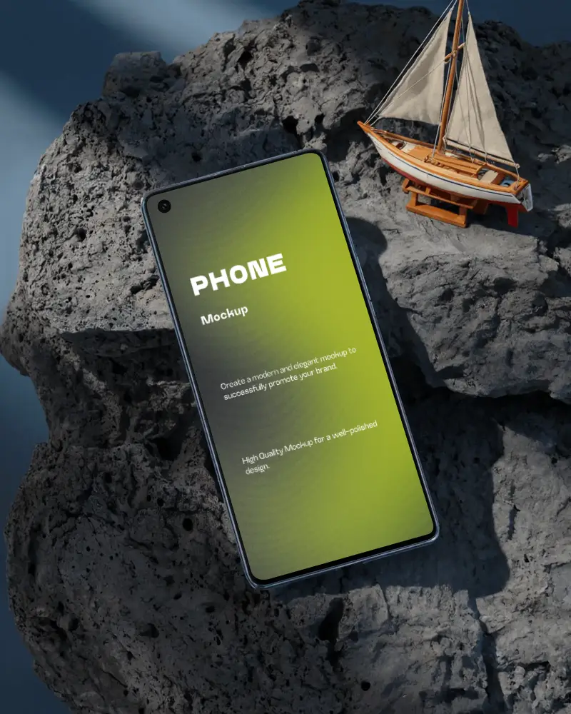 Nothing Modern Phone Mockup Placed On Rock Surface With Sailing Boat For Creative Presentation
